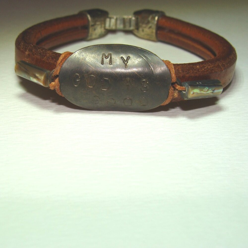 Custom Jewelry, Brown Leather Bracelet, My God is Good Metal Stamped Oval Disk